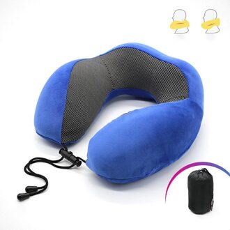 U-Vormige Traagschuim Nek Kussens Zachte Trage Rebound Ruimte Reizen Kussen Effen Nek Cervicale Gezondheidszorg Beddengoed Kussen Met tas Blauw