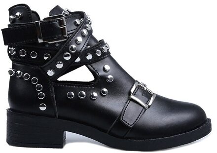 Uh8 Vrouwen Klinknagel Laarzen Lederen Laarzen Gesp Vrouw Schoenen Casual Gesp Laarzen Schoenen Vrouw Zwarte Enkellaarsjes Botas mujer 36