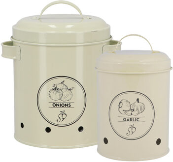 Uien/knoflook bewaar blikken - metaal - creme - set van 2 - voorraad/bewaar pot