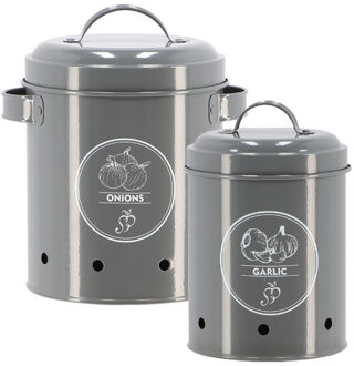 Uien/knoflook bewaar blikken - metaal - grijs - 17 x 20 cm - voorraad/bewaar pot