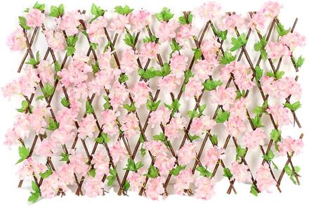 Uitbreidbaar Faux Privacy Hek Houten Hedge Met Kunstmatige Bloem Bladeren Tuin Decoratie Screening Intrekbare Hek roze medium