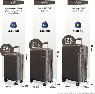 Uitbreidbare beige harde koffer met 8 wielen voor op reis