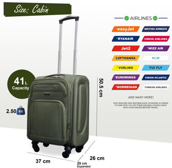 Uitbreidbare zachte koffer voor in de cabine 50,5 x 37 x 26 cm Bagage geschikt voor Easyjet, Ryanair Kaki - S