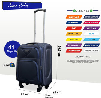 Uitbreidbare zachte koffer voor in de cabine 50,5 x 37 x 26 cm Bagage geschikt voor Easyjet, Ryanair Navy - S