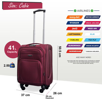 Uitbreidbare zachte koffer voor in de cabine 50,5 x 37 x 26 cm Bagage geschikt voor Easyjet, Ryanair Wijnrood - S