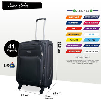 Uitbreidbare zachte koffer voor in de cabine 50,5 x 37 x 26 cm Bagage geschikt voor Easyjet, Ryanair Zwart - S