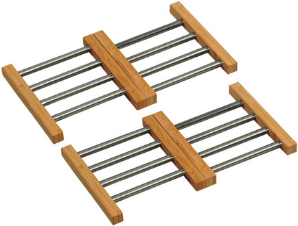 Uitschuifbare pannen onderzetter van RVS/bamboe - 2x - 22/34 x 22 cm - Vierkant