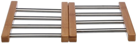 Uitschuifbare/verstelbare pannen onderzetter bamboe/RVS 21 x 22 cm Bruin
