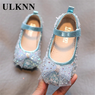 ULKNN Baby Girls Leather Shoes Kids Sweet Princess Flats Children's Mary Janes With Floral Printed Rhinestone Buckle Fashion