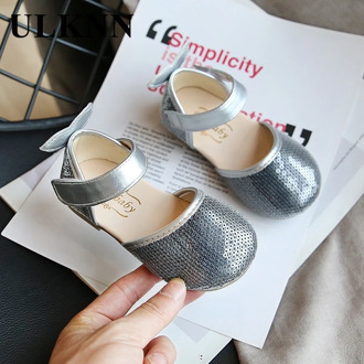 ULKNN Children's Sequins Leather Shoes Girls Anti-Slip Princess Shoes Korean Version Silver Baby's Soft-Sole Bow Casual Shoes