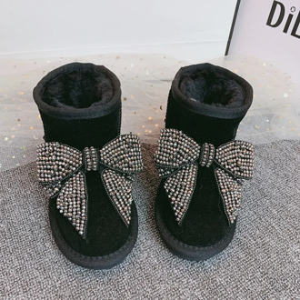 ULKNN Children Snow Boots For Girls 2020 Winter Rhinestone Bow-Knot Cowhide Waterproof Non-Slip Baby Warm Plus Velvet Shoes