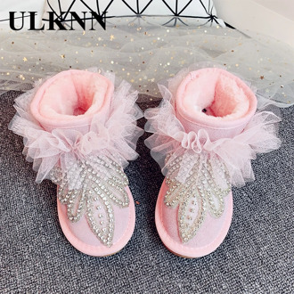 ULKNN Kids Winter Boots For Children Baby Girls Pink Rhinestones Non-Slip 2020 Winter New Plus Velvet Plush Shoes