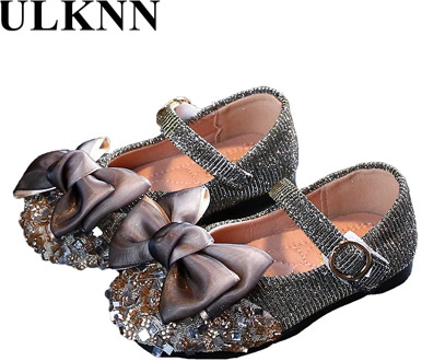 ULKNN Princess Kids Leather Shoes Butterfly Knot Baby Girl's Flat Heel Wedding Dance-Dresss Sandals Rhinestones Pink Silver