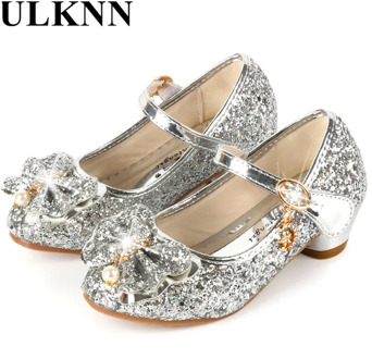 ULKNN Princess Kids Leather Shoes For Girls Flower Casual Glitter Children High Heel Girls Shoes Butterfly Knot Blue Pink Silver
