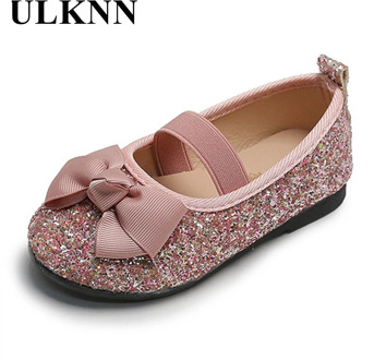 Ulknnnew Girls' Leather Shoes Princess Sequined Shallow Mouth Bow Soft Bottom Children's Peas Shoes 2020 Autumn Pink Rubber PU