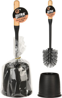 Ultra Clean Toiletborstel met houder - 2x - zwart - kunststof en bamboe - 37,5 cm