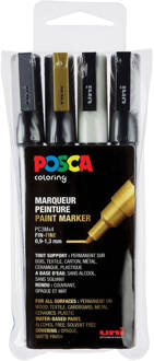 Uni Posca Pc-3m Acryl Paint Marker, 0.9-1.3mm, Doos à 4 Stuks, Inhoud: Zwart, Wit, Zilver, Goud Multikleur