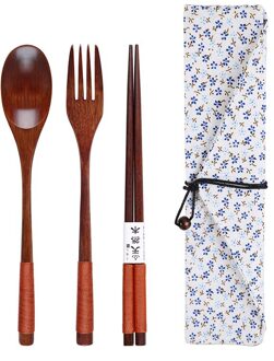 Unibird Natuurlijke Hout Janpan Stijl Servies Set met Zak 3 stks/set Eetstokjes Soep Lepel Vork Sushi Voedsel Chop Sticks Bestek