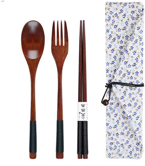Unibird Natuurlijke Hout Janpan Stijl Servies Set met Zak 3 stks/set Eetstokjes Soep Lepel Vork Sushi Voedsel Chop Sticks Bestek