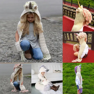 Unicorn Hooded Scarf Animal Hoodie Winter Cowl Crochet Knitted Beanie Hat Kid 2-12Y