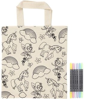 Unicorn tas kleuren set - 27 x 30 cm - eenhoorn tasje kleurset - met textielstiften Wit