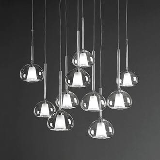 Unieke Glas hanglamp Beba, 10-lamps. helder, wit, chroom