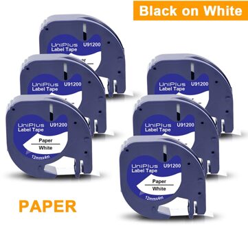 Uniplus 6PK Compatibel Dymo Label Printer Dymo Letratag Label Tape 12267 Zwart Op Helder 12Mm Voor Dymo Tape Lt lint Printer 4M 91200 zwart on wit