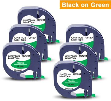 Uniplus 6PK Compatibel Dymo Label Printer Dymo Letratag Label Tape 12267 Zwart Op Helder 12Mm Voor Dymo Tape Lt lint Printer 4M 91204 zwart on groen
