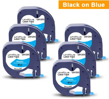 Uniplus 6PK Compatibel Dymo Label Printer Dymo Letratag Label Tape 12267 Zwart Op Helder 12Mm Voor Dymo Tape Lt lint Printer 4M 91205 zwart on blauw