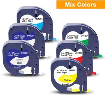 Uniplus 6PK Compatibel Dymo Label Printer Dymo Letratag Label Tape 12267 Zwart Op Helder 12Mm Voor Dymo Tape Lt lint Printer 4M mengen kleuren