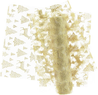 Unique Living Decoratie stof/tafelloper - goud - rendieren en kerstbomen - 300 x 28 cm - polyester Goudkleurig