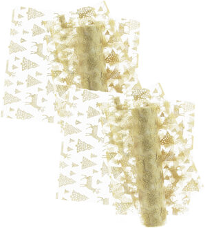 Unique Living Decoratie stof/tafellopers - 2x st - goud - rendieren en kerstbomen - 300 x 28 cm - polyester
