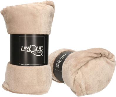 Unique Living Enzo Fleece deken/plaid - 2x - beige - polyester - 130 x 180 cm