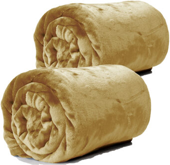 Unique Living Enzo Fleece deken/plaid - 2x - camel/taffy - polyester - 130 x 180 cm