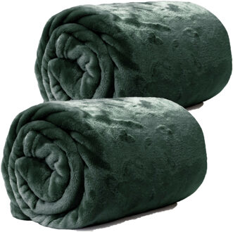Unique Living Enzo Fleece deken/plaid - 2x - dennen groen - polyester - 130 x 180 cm