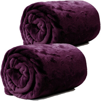 Unique Living Enzo Fleece deken/plaid - 2x - donker paars - polyester - 130 x 180 cm