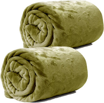Unique Living Enzo Fleece dekens/plaids 2 stuks 130 x 180 cm - olijf groen