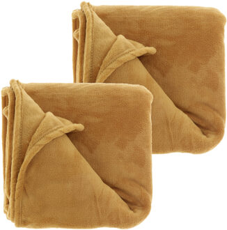 Unique Living Fleece dekens/plaids Bailey 2 stuks 130 x 180 cm - mosterd geel