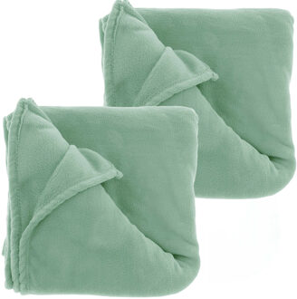 Unique Living Fleece dekens/plaids Bailey 2 stuks 130 x 180 cm - salie groen