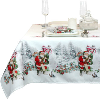 Unique Living Kerst tafelkleed/tafellaken - met kerstman - 140 x 200 cm - rechthoekig - polyester Wit