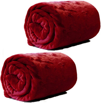 Unique Living Plaid - 2x - fleece deken - fluweel rood - polyester - 130 x 180 cm