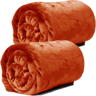 Unique Living Plaid - 2x - fleece deken - fluweel terra - polyester - 130 x 180 cm