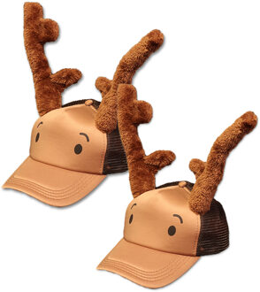 Unique Living Rendier petten/caps - 2x - met rendier gewei - bruin - polyester - volwassenen - rendier accessoires