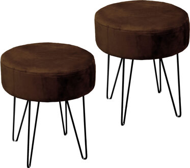 Unique Living Velvet kruk Davy - 2x - donker bruin - metaal/stof - D35 x H40 cm - bijzet stoeltjes