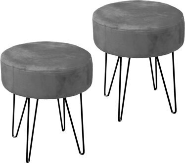 Unique Living Velvet kruk Davy - 2x - grijs - metaal/stof - D35 x H40 cm - bijzet stoeltjes