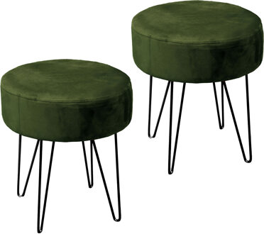 Unique Living Velvet kruk Davy - 2x - groen - metaal/stof - D35 x H40 cm - bijzet stoeltjes