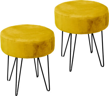 Unique Living Velvet kruk Davy - 2x - oker geel - metaal/stof - D35 x H40 cm - bijzet stoeltjes