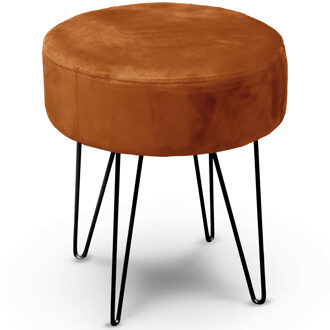 Unique Living Velvet kruk Davy - bruin - metaal/stof - D35 x H40 cm - bijzet stoeltjes