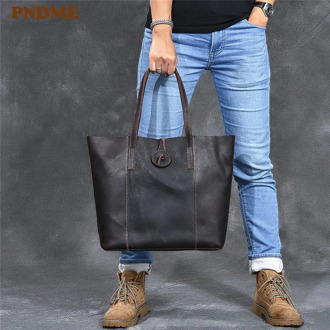 Unisex crazy horse cowhide large-capacity handbag vintage natural genuine leather tote bag daily shoulder bag with inner pocket