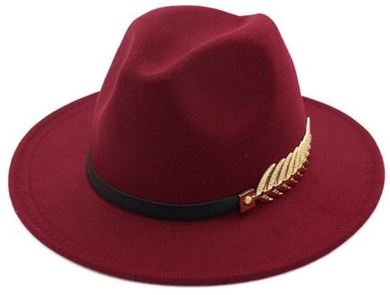 Unisex Ondiepe Top Wollen Muts Britse Stijl Bladgoud Veer Jazz Grote Rand Vilten Hoed BY